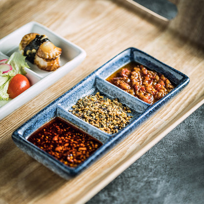 Japanese Three-Compartment Ceramic Seasoning Dish – Dipping Sauce Plate for Kitchen