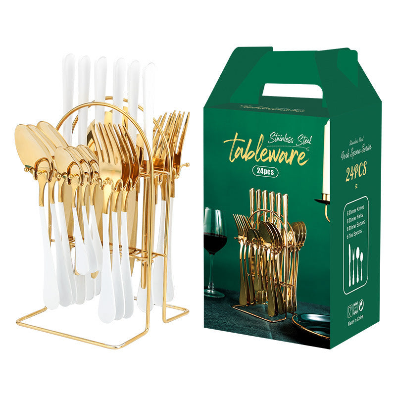 Gold Stainless Steel Cutlery Set – Luxury Knife, Fork & Spoon Tableware with Storage Rack | Dishwasher Safe