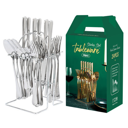 Gold Stainless Steel Cutlery Set – Luxury Knife, Fork & Spoon Tableware with Storage Rack | Dishwasher Safe