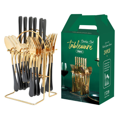 Gold Stainless Steel Cutlery Set – Luxury Knife, Fork & Spoon Tableware with Storage Rack | Dishwasher Safe