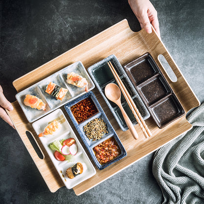 Japanese Three-Compartment Ceramic Seasoning Dish – Dipping Sauce Plate for Kitchen