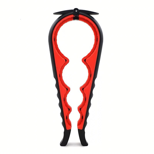 Red and black tool with a unique design on a white background