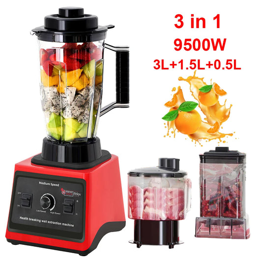 3 in 1 Electric Blender 9500W High Power Commercial Blender Food Processor Ice Smoothies Juicer Mixer 3L+1.5L+0.5L Container