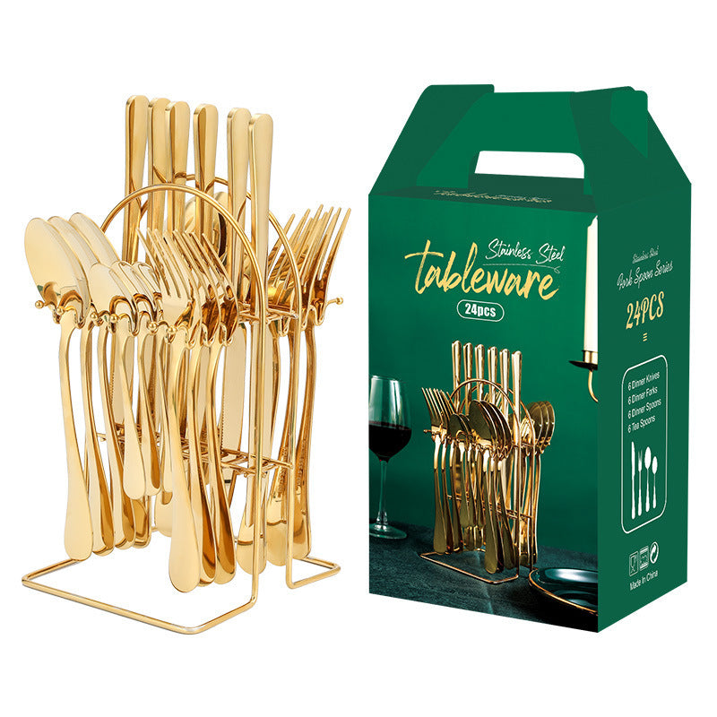Gold Stainless Steel Cutlery Set – Luxury Knife, Fork & Spoon Tableware with Storage Rack | Dishwasher Safe